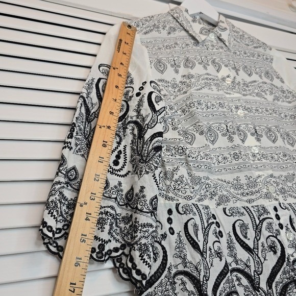 CHICO'S Paisley‎ Eyelet Shirt Black White Cotton Sz OP - 2P Boho Romantic Blouse - Picture 11 of 13